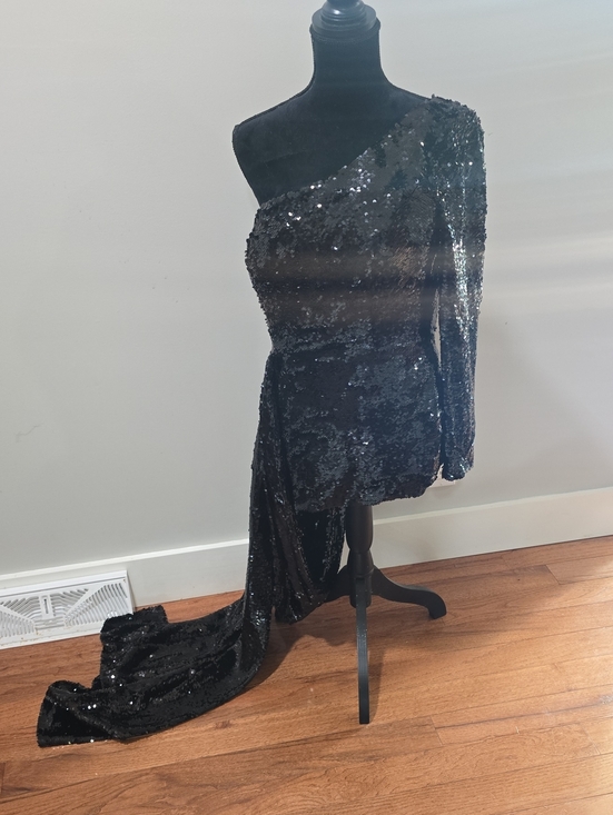 Portia and Scarlett Dresses & Skirts - Portia and Scarlett One-Shoulder Black Sequin Mini Dress with Train PS23106